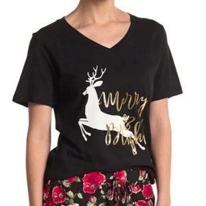 Cozy Rozy Women's "Merry & Bright" V-Neck Short Sleeve‎ T-Shirt in Black Small